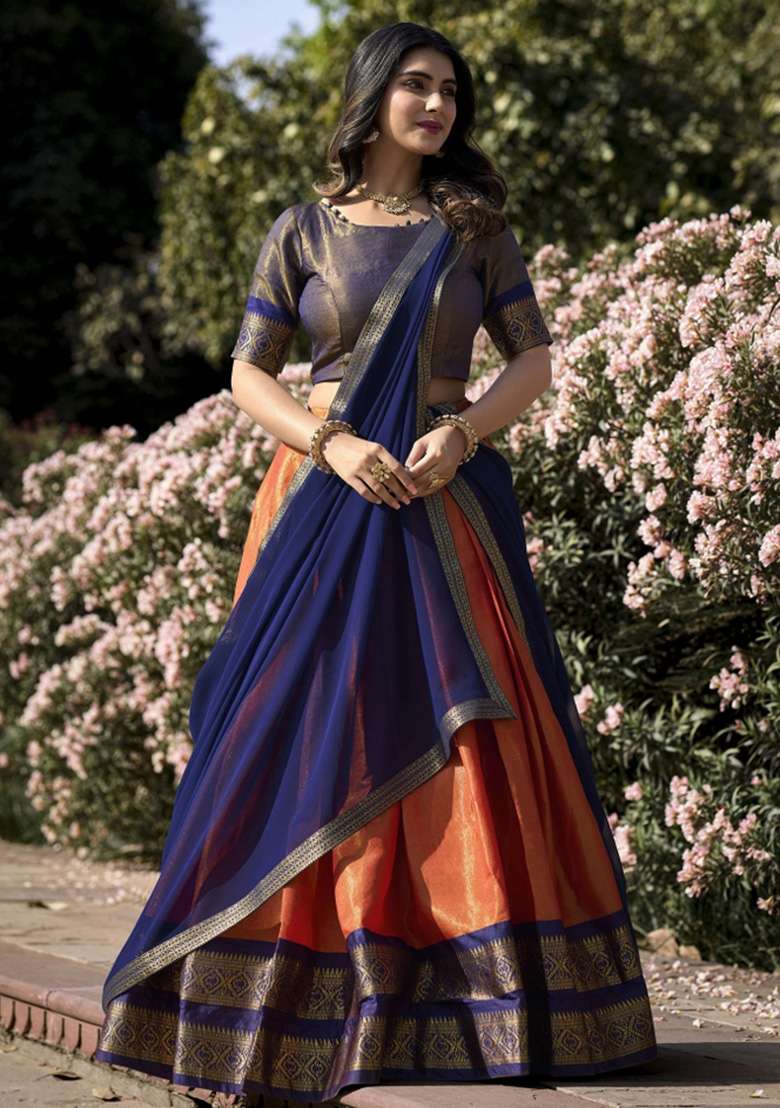 Orange Kanjivaram Lehenga Set with Zari Work for Diwali | Wedding & Festive Wear - Indya