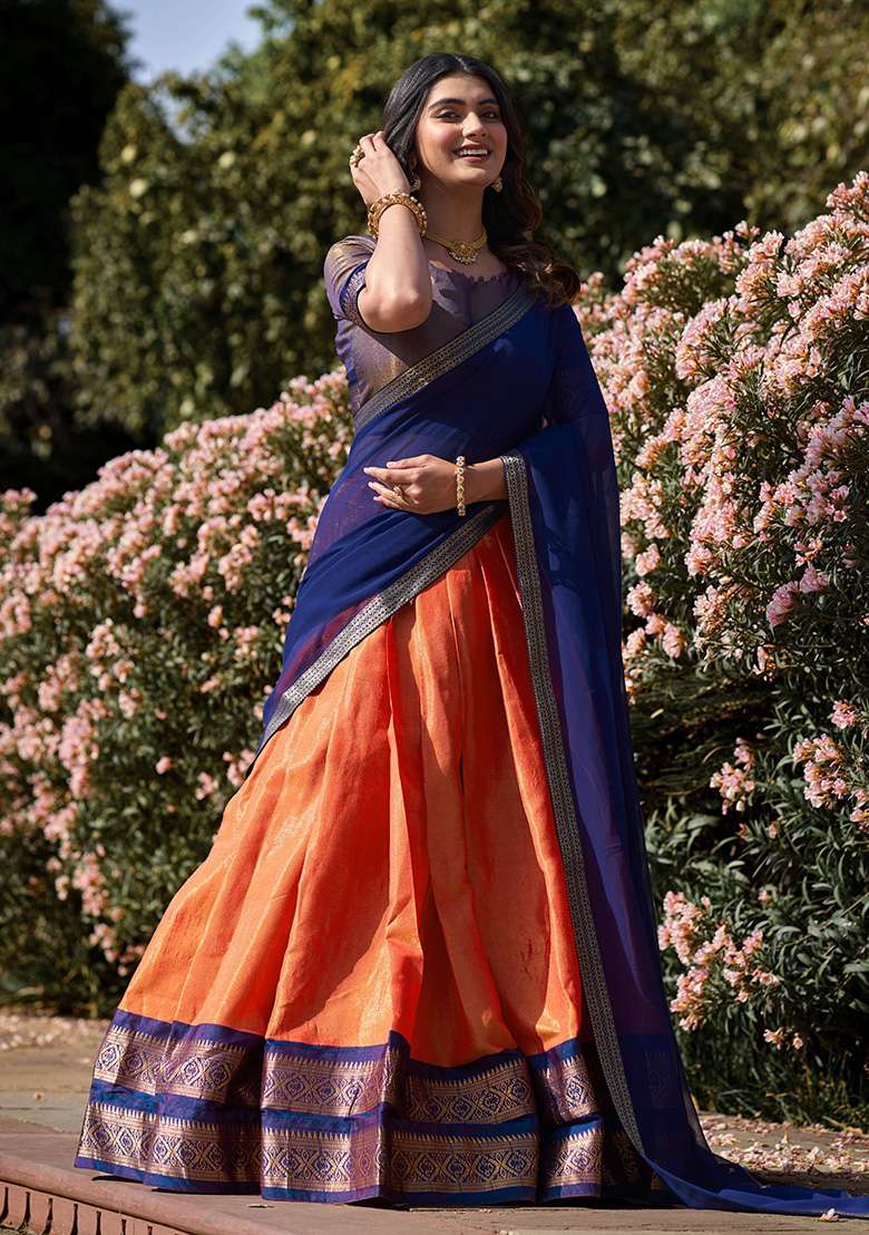 Orange Kanjivaram Lehenga Set with Zari Work for Diwali | Wedding & Festive Wear - Indya