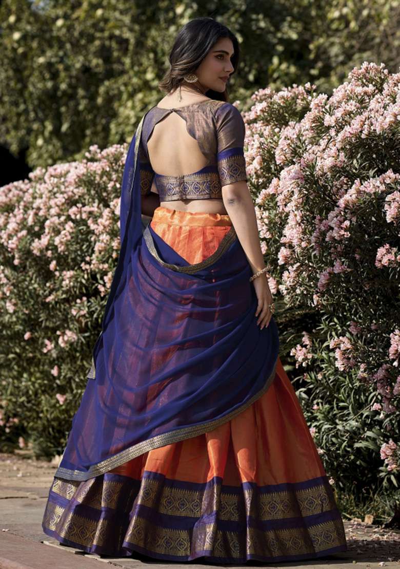 Orange Kanjivaram Lehenga Set with Zari Work for Diwali | Wedding & Festive Wear - Indya