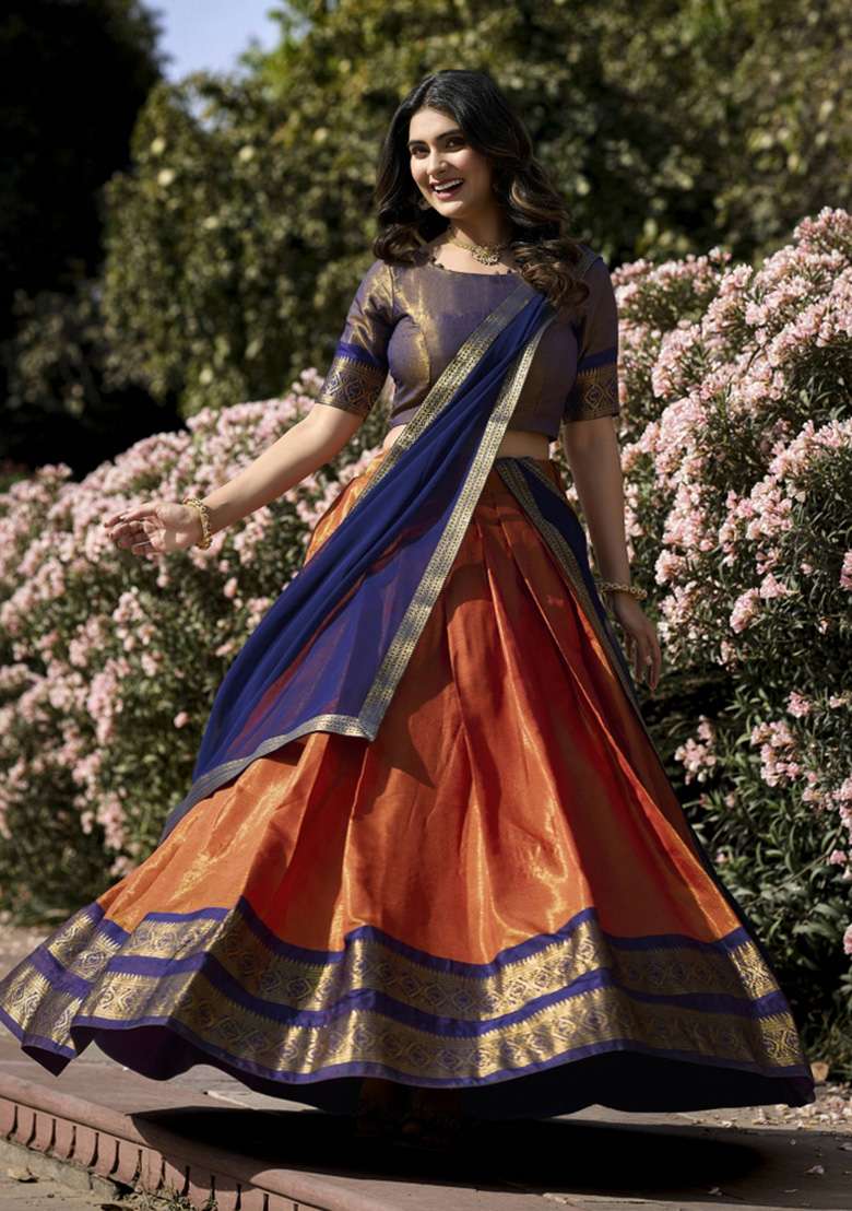 Orange Kanjivaram Lehenga Set with Zari Work for Diwali | Wedding & Festive Wear - Indya