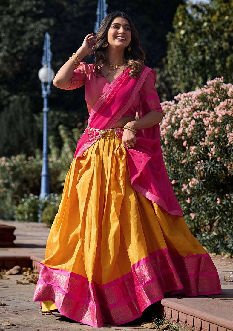 Mustard Yellow Kanjivaram Lehenga Set with Zari Work for Diwali | Wedding & Festive Wear - Indya