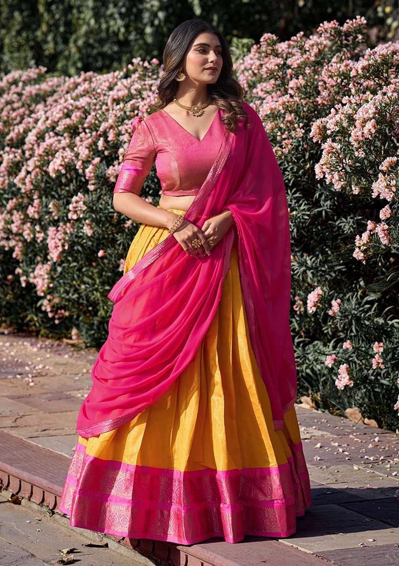 Mustard Yellow Kanjivaram Lehenga Set with Zari Work for Diwali | Wedding & Festive Wear - Indya