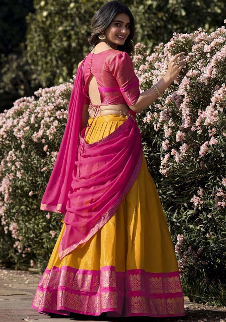 Mustard Yellow Kanjivaram Lehenga Set with Zari Work for Diwali | Wedding & Festive Wear - Indya