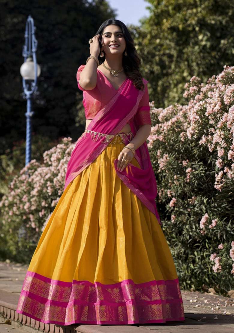 Mustard Yellow Kanjivaram Lehenga Set with Zari Work for Diwali | Wedding & Festive Wear - Indya