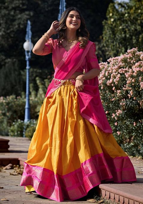 Mustard Yellow Zari Work Kanjivaram Lehenga Set