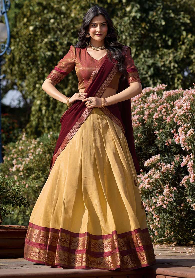 Cream Kanjivaram Lehenga Set with Zari Work for Diwali | Wedding & Festive Wear - Indya