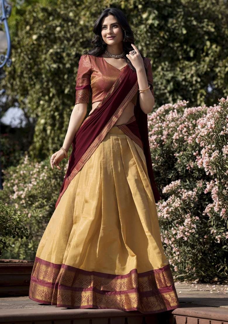 Cream Kanjivaram Lehenga Set with Zari Work for Diwali | Wedding & Festive Wear - Indya