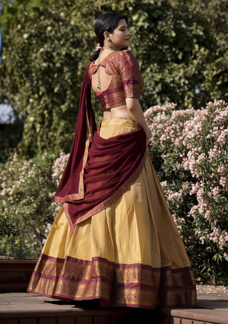 Cream Kanjivaram Lehenga Set with Zari Work for Diwali | Wedding & Festive Wear - Indya