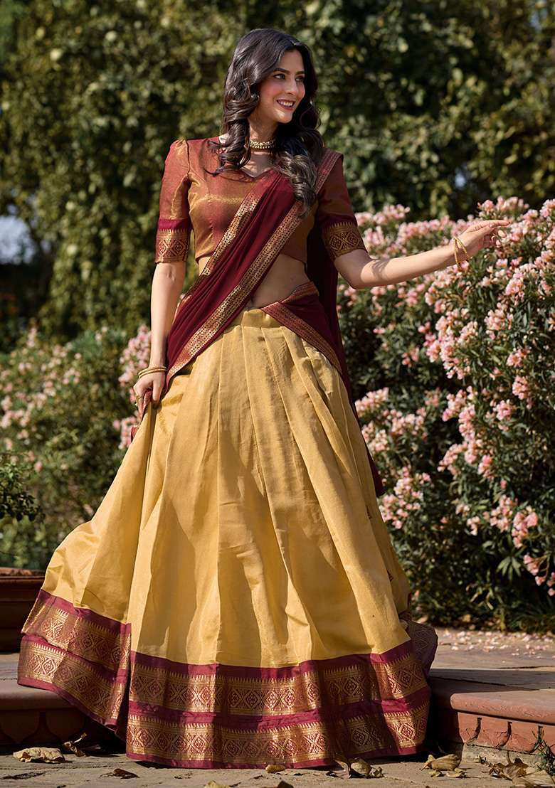 Cream Kanjivaram Lehenga Set with Zari Work for Diwali | Wedding & Festive Wear - Indya