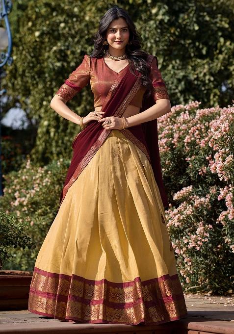 Cream Zari Work Kanjivaram Lehenga Set