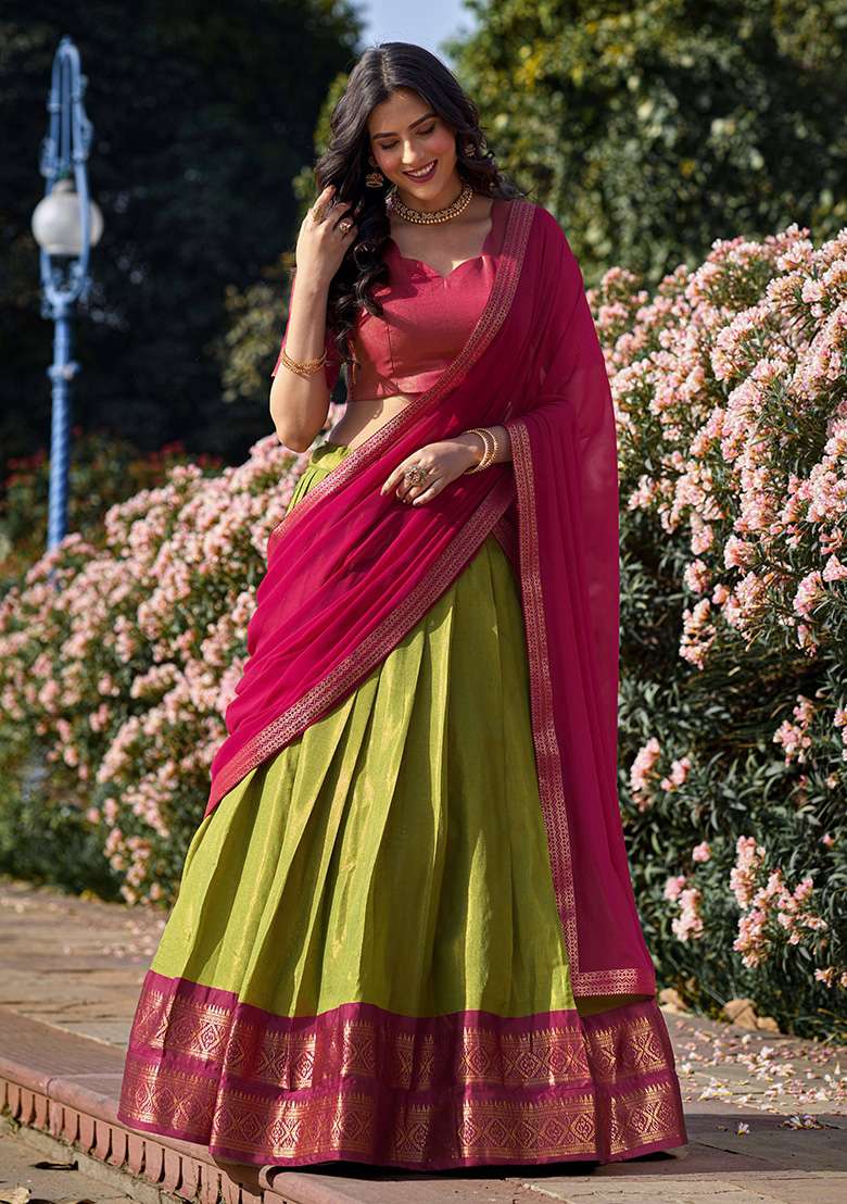 Pista Zari Work Kanjivaram Lehenga Set for Diwali and Festive Wear - Indya