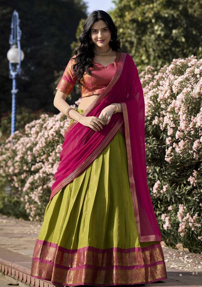 Pista Zari Work Kanjivaram Lehenga Set for Diwali and Festive Wear - Indya