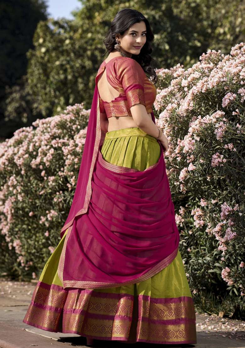 Pista Zari Work Kanjivaram Lehenga Set for Diwali and Festive Wear - Indya