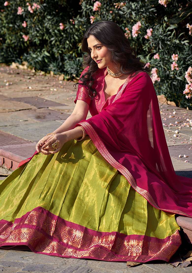 Pista Zari Work Kanjivaram Lehenga Set for Diwali and Festive Wear - Indya