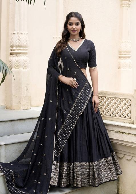 Black Zari Work Chanderi Lehenga Set