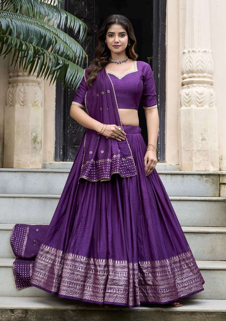 Purple Zari Work Chanderi Lehenga Set for Diwali and Festive Wear - Indya
