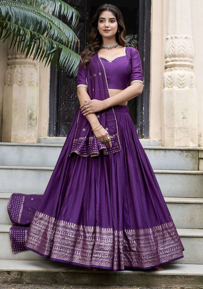 Purple Zari Work Chanderi Lehenga Set for Diwali and Festive Wear - Indya