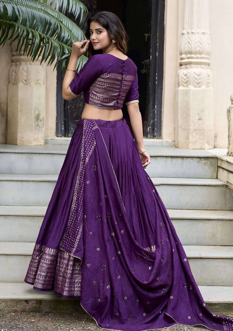 Purple Zari Work Chanderi Lehenga Set for Diwali and Festive Wear - Indya