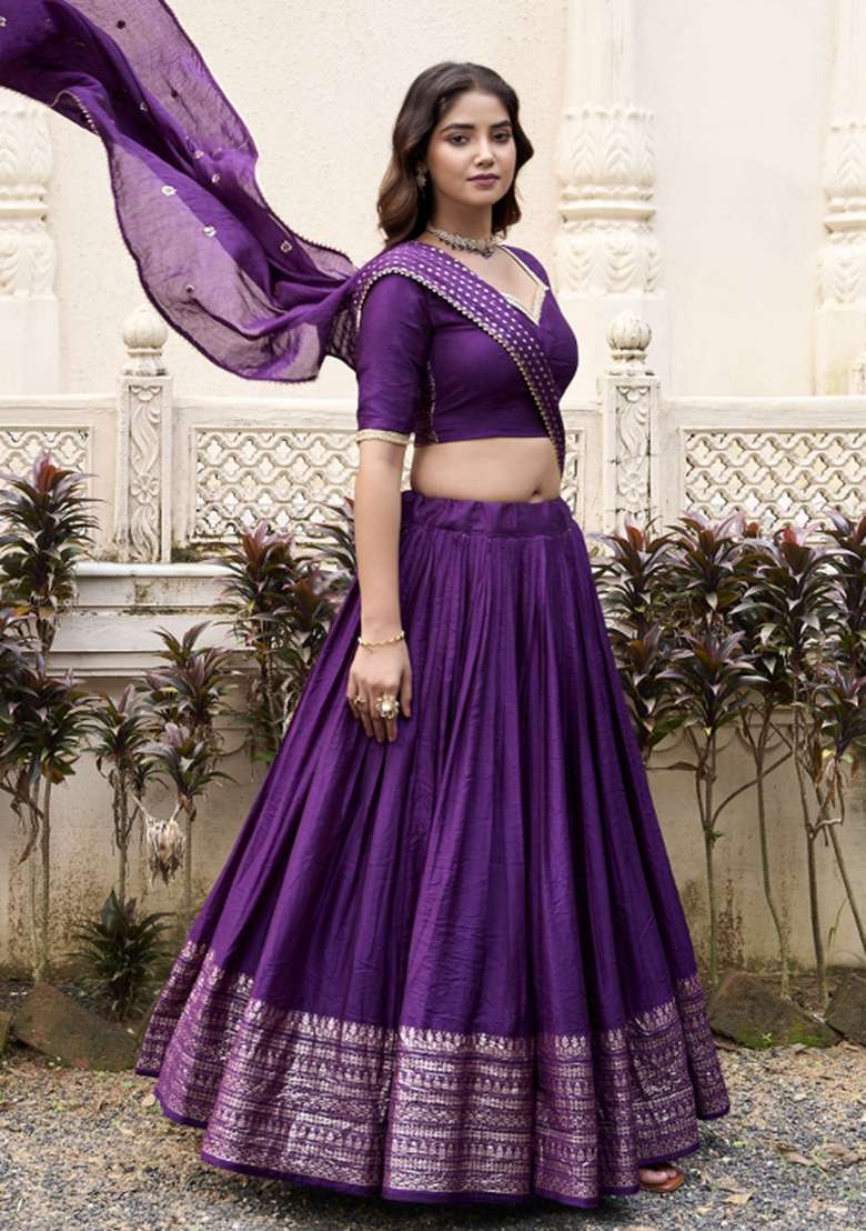 Purple Zari Work Chanderi Lehenga Set for Diwali and Festive Wear - Indya
