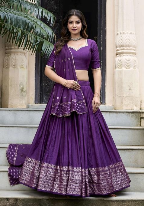 Purple Zari Work Chanderi Lehenga Set