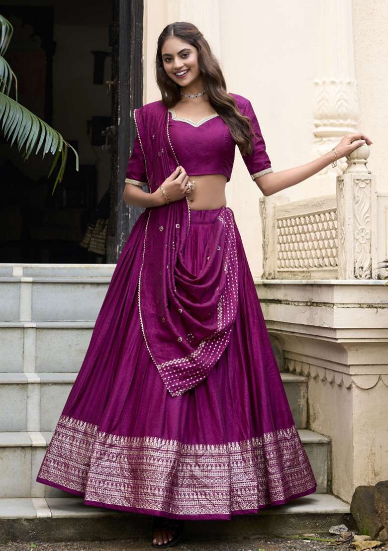 Wine Chanderi Lehenga Set with Zari Work for Diwali | Wedding & Festive Wear - Indya