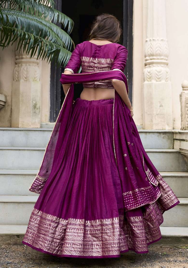 Wine Chanderi Lehenga Set with Zari Work for Diwali | Wedding & Festive Wear - Indya