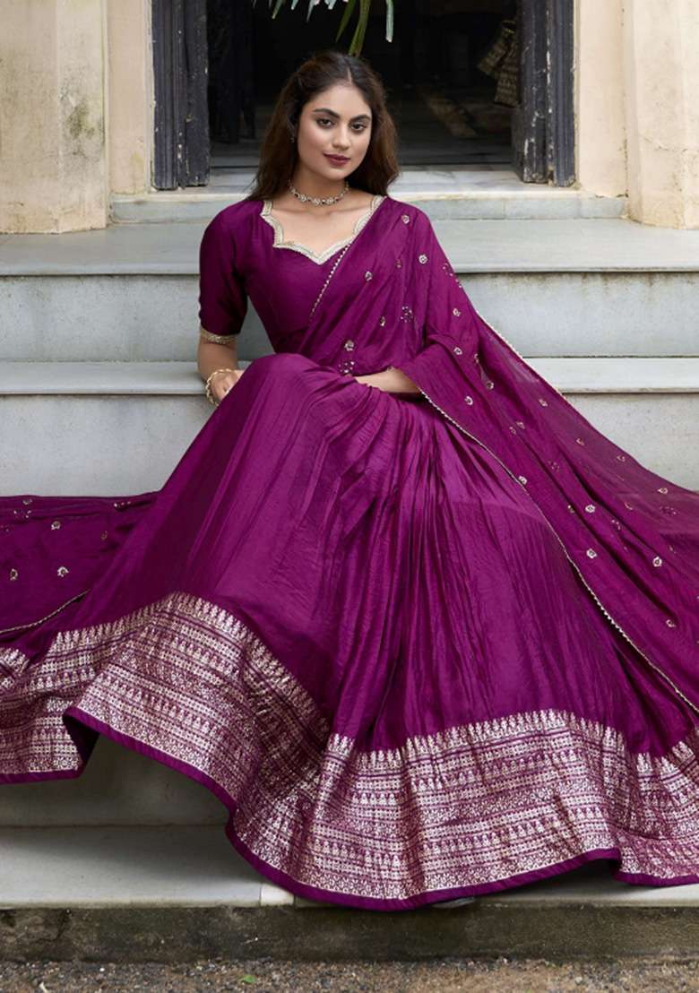 Wine Chanderi Lehenga Set with Zari Work for Diwali | Wedding & Festive Wear - Indya