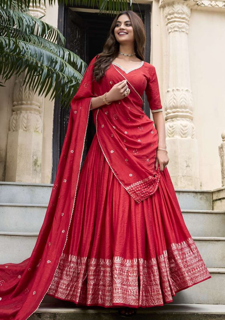 Red Zari Work Chanderi Lehenga Set for Diwali and Festive Wear - Indya