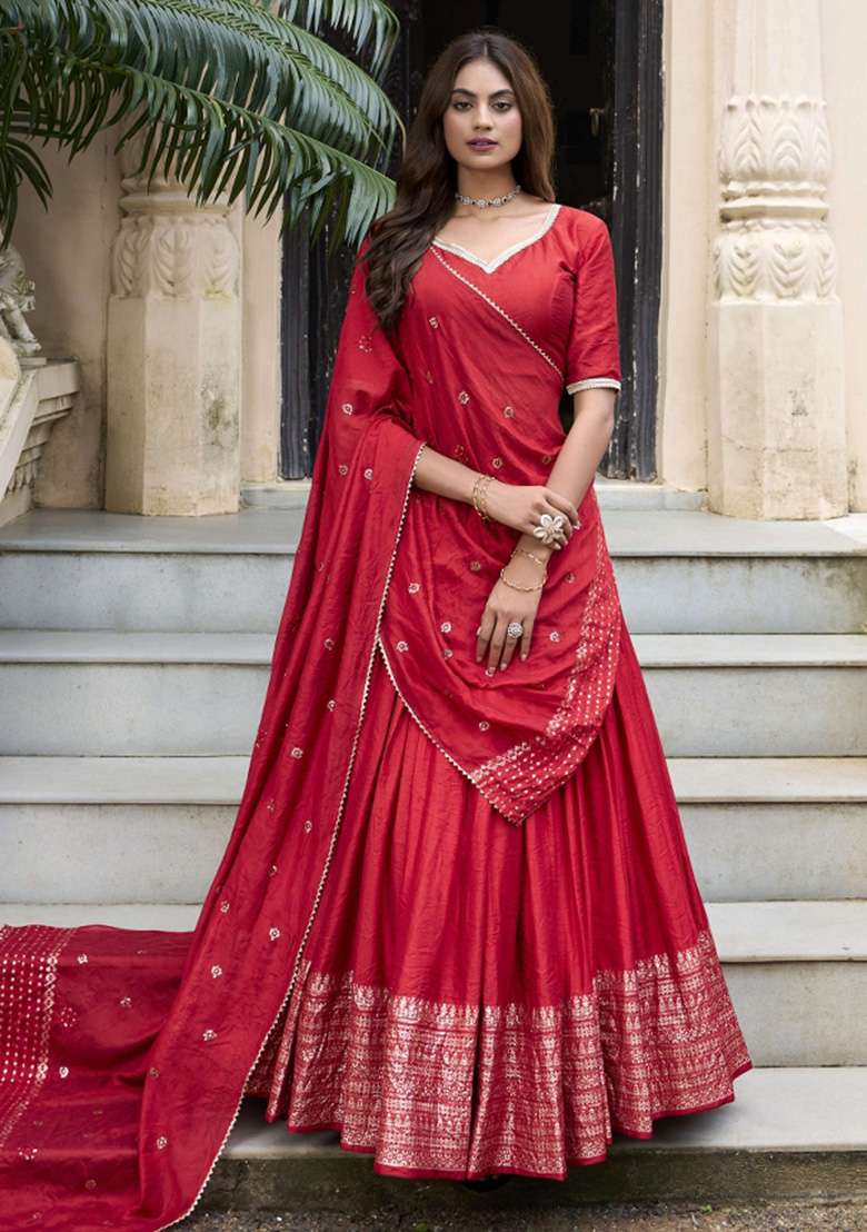 Red Zari Work Chanderi Lehenga Set for Diwali and Festive Wear - Indya