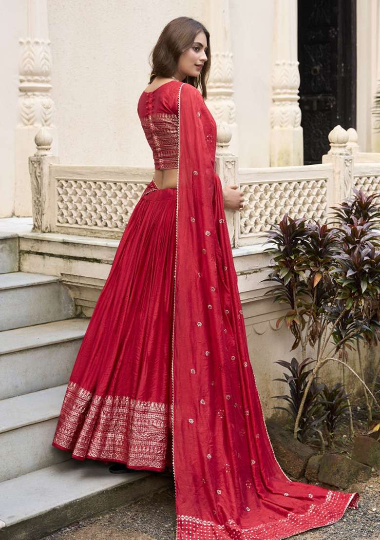 Red Zari Work Chanderi Lehenga Set for Diwali and Festive Wear - Indya