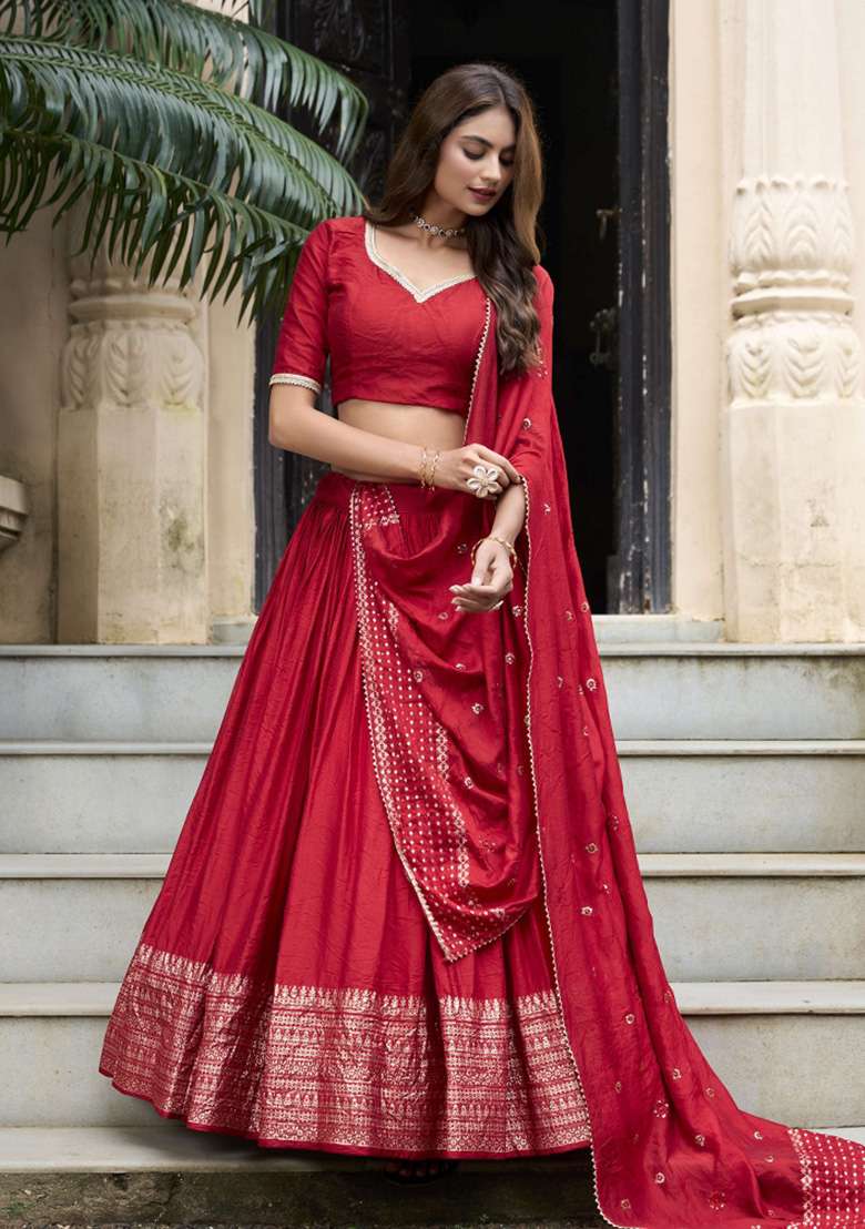 Red Zari Work Chanderi Lehenga Set for Diwali and Festive Wear - Indya