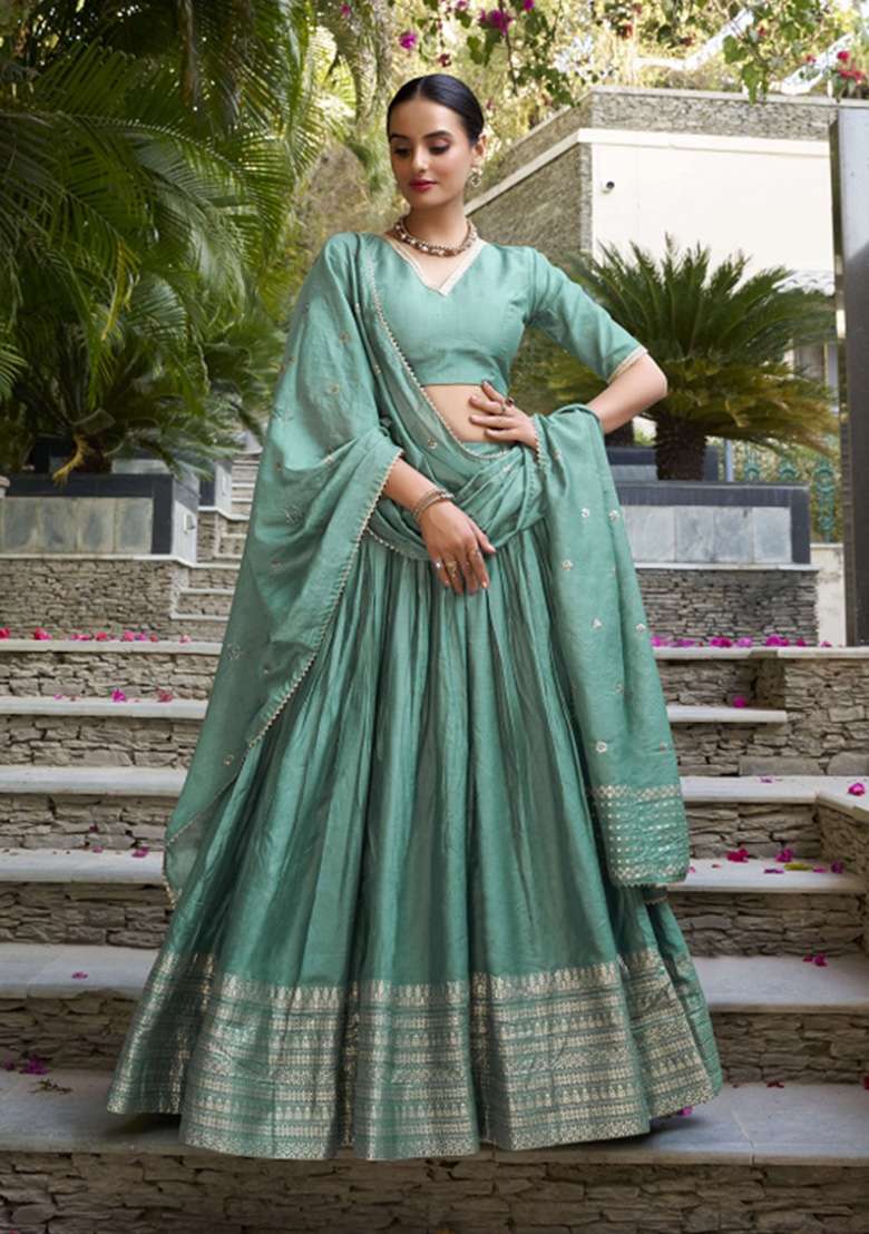 Sea Green Chanderi Lehenga Set with Zari Work for Diwali | Wedding & Festive Wear - Indya