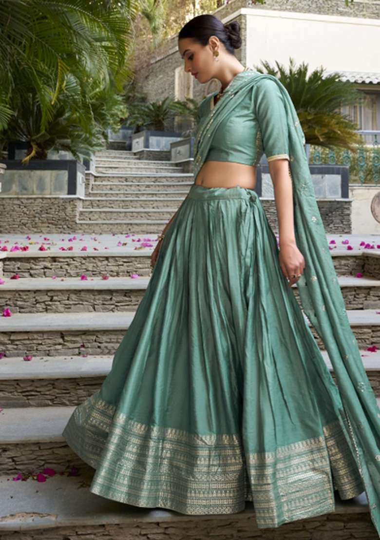Sea Green Chanderi Lehenga Set with Zari Work for Diwali | Wedding & Festive Wear - Indya