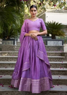 Purple Zari Work Chanderi Lehenga Set