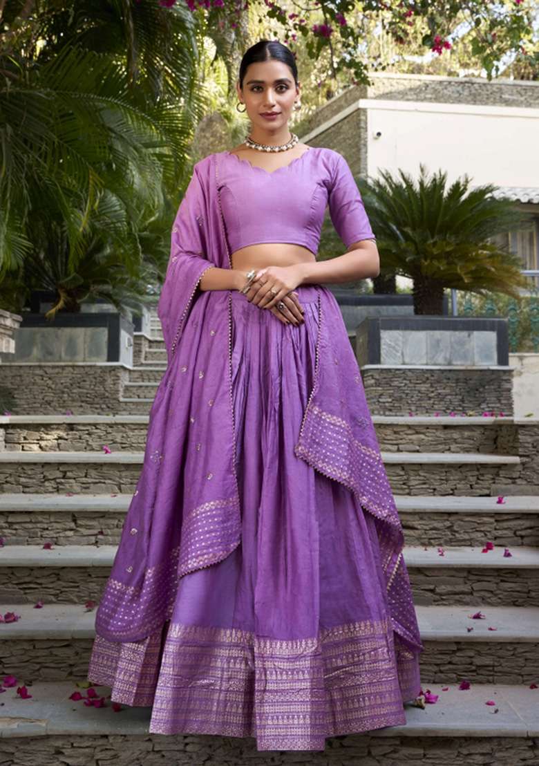 Purple Chanderi Lehenga Set with Zari Work for Diwali | Wedding & Festive Wear - Indya