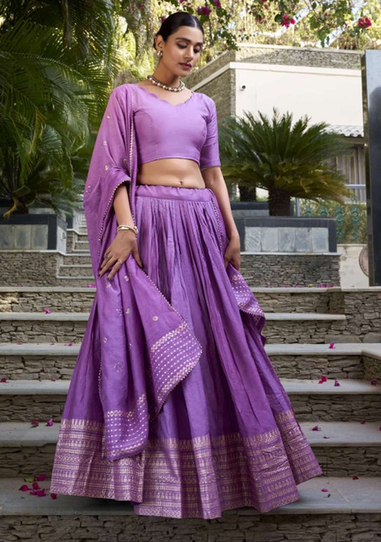 Purple Chanderi Lehenga Set with Zari Work for Diwali | Wedding & Festive Wear - Indya