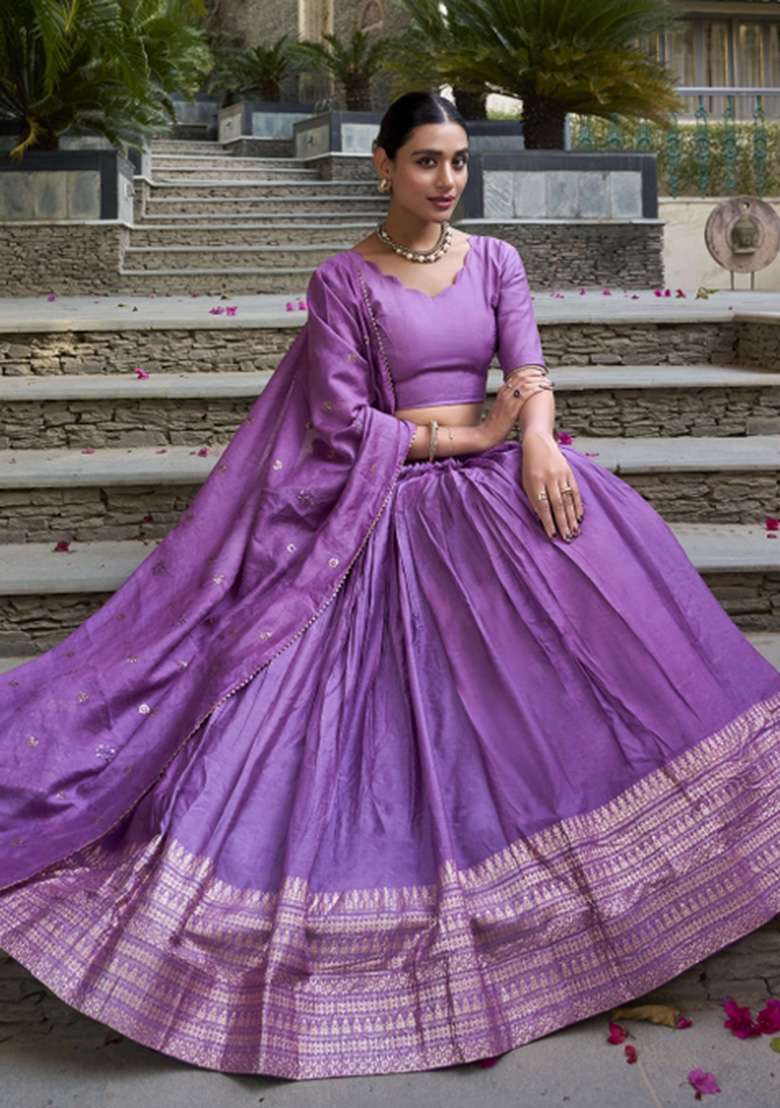 Purple Chanderi Lehenga Set with Zari Work for Diwali | Wedding & Festive Wear - Indya