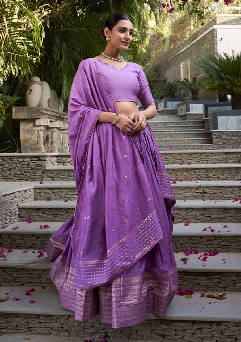 Purple Chanderi Lehenga Set with Zari Work for Diwali | Wedding & Festive Wear - Indya
