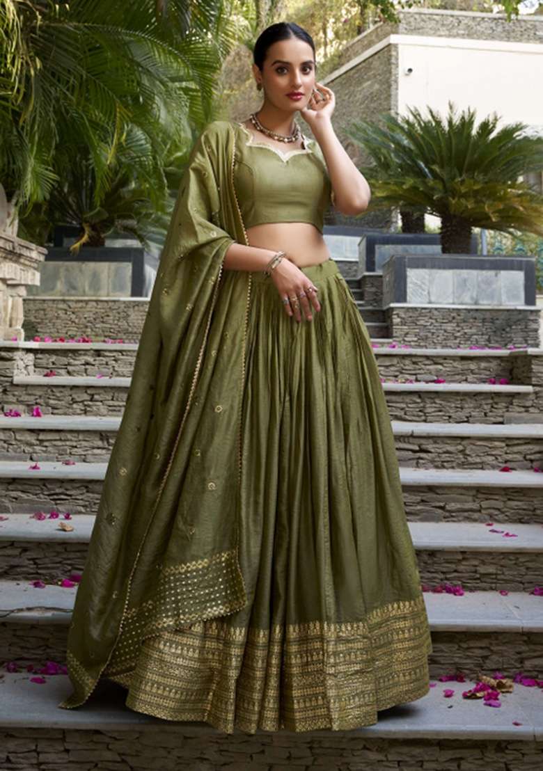 Mehendi Green Chanderi Lehenga Set with Zari Work for Diwali | Wedding & Festive Wear - Indya
