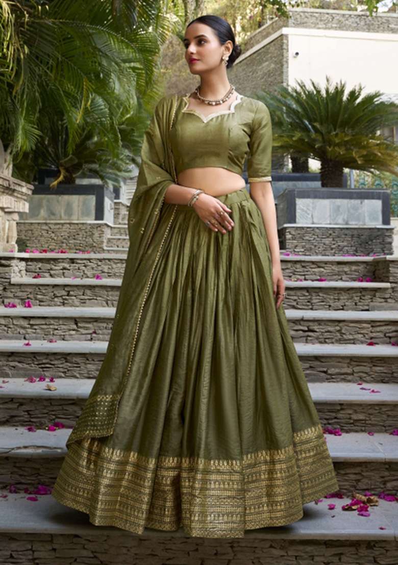 Mehendi Green Chanderi Lehenga Set with Zari Work for Diwali | Wedding & Festive Wear - Indya