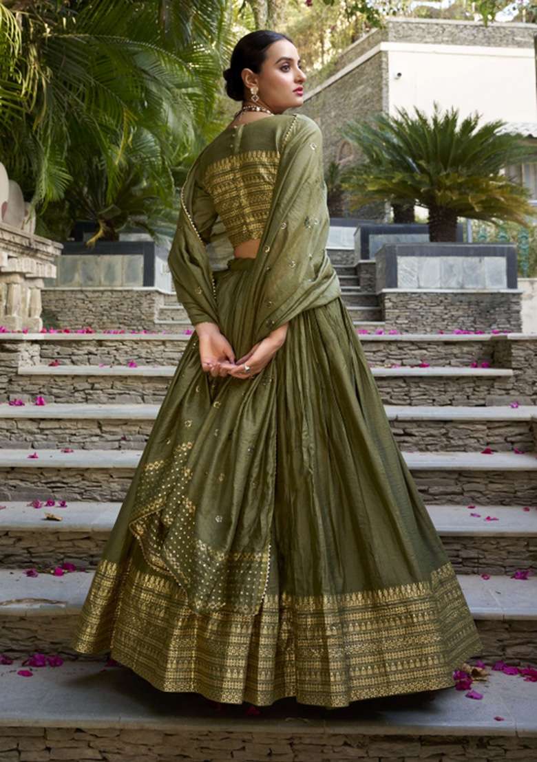 Mehendi Green Chanderi Lehenga Set with Zari Work for Diwali | Wedding & Festive Wear - Indya