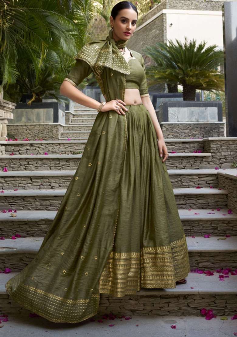 Mehendi Green Chanderi Lehenga Set with Zari Work for Diwali | Wedding & Festive Wear - Indya