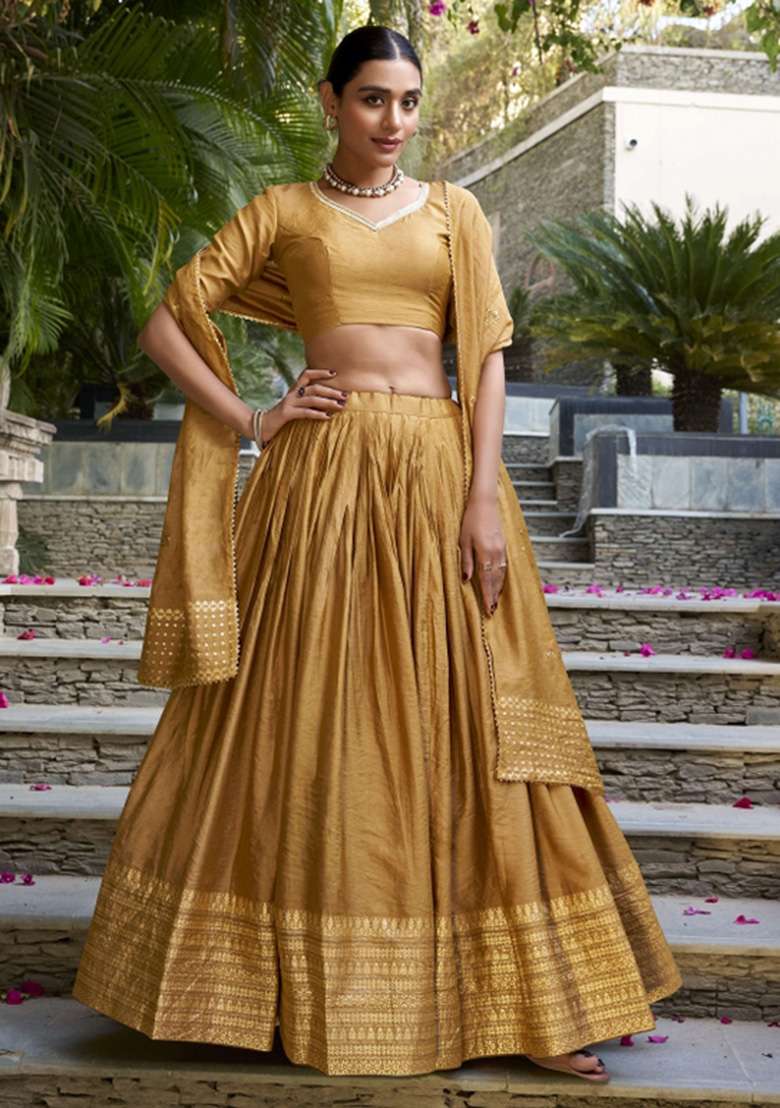 Mustard Yellow Chanderi Lehenga Set with Zari Work for Diwali | Wedding & Festive Wear - Indya
