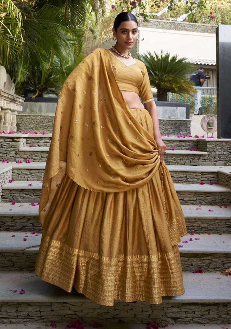 Mustard Yellow Chanderi Lehenga Set with Zari Work for Diwali | Wedding & Festive Wear - Indya