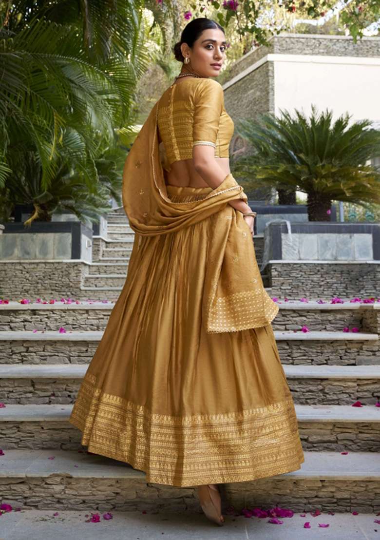 Mustard Yellow Chanderi Lehenga Set with Zari Work for Diwali | Wedding & Festive Wear - Indya