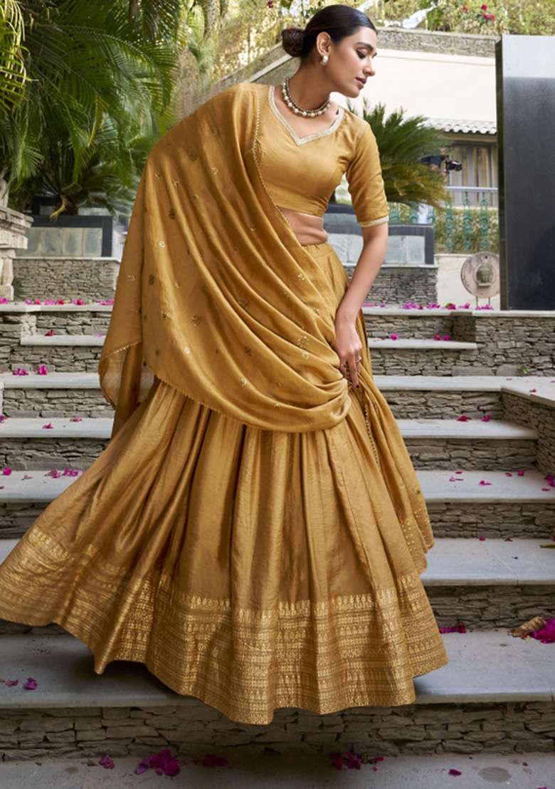 Mustard Yellow Chanderi Lehenga Set with Zari Work for Diwali | Wedding & Festive Wear - Indya