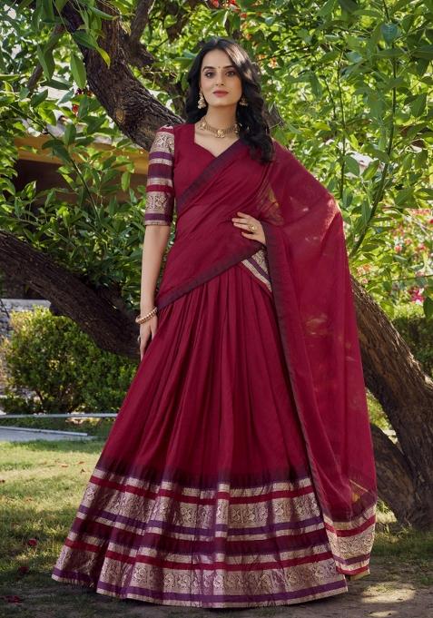 Red Zari Work Chanderi Lehenga Set