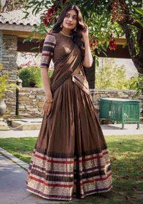 Brown Zari Work Chanderi Lehenga Set