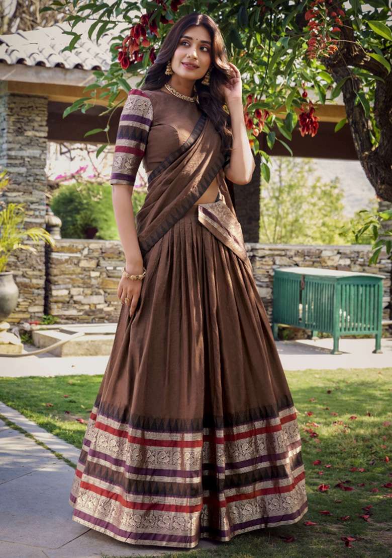 Brown Chanderi Lehenga Set with Zari Work for Diwali | Wedding & Festive Wear - Indya