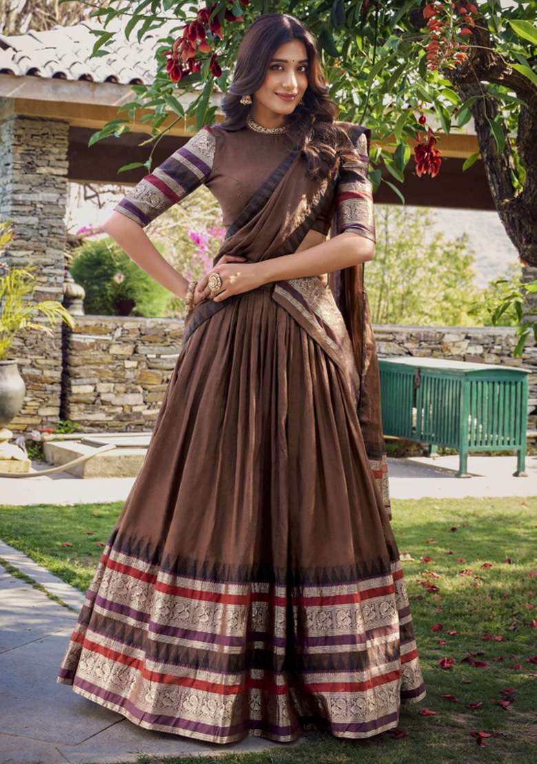 Brown Chanderi Lehenga Set with Zari Work for Diwali | Wedding & Festive Wear - Indya